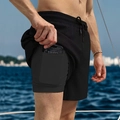 Herren Doppel-Lagen Sportshorts in Schwarz, schnelltrocknend mit praktischer Handytasche - S / Schwarz