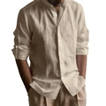 Détail de chemise en coton et lin kaki clair avec col officier et manches boutonnées - S / Hauts / Khaki