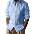 Men's light blue cotton linen Henley shirt with grandad collar and rolled sleeves - 3XL / Sky Blue