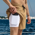 Herren 2-in-1 Sport-Shorts in Khaki mit Waffelstruktur und Handyfach-Futter - S / Khaki