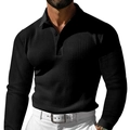 Polo homme noir à manches longues avec texture gaufrée et col à boutons classique - S / Noir