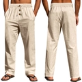 Pantaloni da uomo traspiranti in lino beige con coulisse in vita e gamba dritta - Khaki chiaro