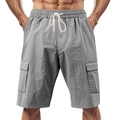Detail view of men's casual linen cargo shorts with elastic drawstring and side pockets - S / Bottoms / Gray