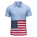 Détail de l'étiquette taille M et du tissu polyester sur polo homme à motif drapeau USA - S / Hauts / Bleu ciel