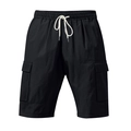 Detail of elastic waistband and cream drawstrings on black cargo shorts for men - S / Bottoms / Black