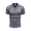 Detail of grey polo shirt collar showing 95% polyester fabric blend and slim fit cut - S / Tops / Iron Grey