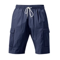 Detail of navy cargo shorts featuring elastic drawstring waist and large side pockets - S / Bottom (YFY-WW-15) / Navy Blue