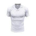 Close-up of white V-neck polo shirt label showing 95% polyester 5% spandex material - S / Tops / White