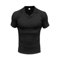 Detail of black V-neck polo shirt showing smooth fabric texture and label on white background - S / Tops / Black