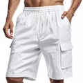 Men's breathable white linen cargo shorts with drawstring waist and flap pockets - S / Bottoms / White