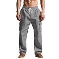 Pantalon cargo homme en lin gris foncé avec cordon de serrage et grandes poches latérales - S / Gris