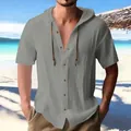 Heren vrijetijdsshirt met korte mouwen en capuchon van grijs linnenmix voor op strand - S / Tops / Grijs