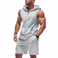 Men's light grey hooded zip-up muscle vest and matching shorts athletic two-piece set - S / Top And Bottom / Light Gray