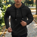 Men's casual black hooded linen-cotton long sleeve shirt with henley button neckline - S / Black
