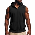Men's athletic hooded vest in black with full-length zipper and kangaroo pocket - Black