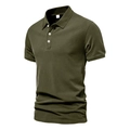 Detailansicht des olivgrünen Piqué-Poloshirts aus Baumwolle mit weißer Dreiknopfleiste - Armeegrün