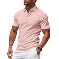 Men's light pink short sleeve polo shirt with striped collar trim and slim fit design - Pink