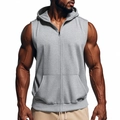 Men's light grey sleeveless hooded vest with front zipper and kangaroo pocket for fitness - Light Gray