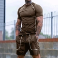 Ensemble de sport été homme marron foncé avec tissu respirant nid d'abeille et liserés blancs - Khaki Foncé