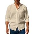 Detalle de camisa de lino con cuello mandarín, bolsillo en el pecho y tela fresca - S / Caqui