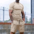 Khaki men's summer athletic set featuring short sleeve t-shirt with white contrast stitching - S / Apricot