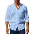 Detalle de camisa de lino azul claro con cuello mao y bolsillo en el pecho - S / Azul claro