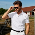 Men's white short sleeve quick-dry polo shirt with red and blue striped collar - White