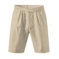 Close-up of beige linen shorts featuring an adjustable drawstring and elastic waistband - S / Apricot