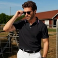Men's black quick-dry short sleeve Polo shirt with tricolor striped collar detail - Black