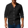 Detalle de camisa de lino negra con cuello mao, botones blancos y bolsillo frontal - S / Negro