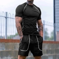 Men's black sportswear set with white contrast stitching and breathable quick-dry fabric - S / Black