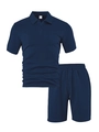 Conjunto de polo de punto azul marino para hombre con textura gofrada y pantalones cortos - S / Azul marino