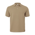 Detailed view of khaki jacquard knit polo shirt featuring textured chevron fabric pattern - S / Tops / Khaki