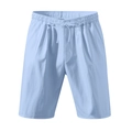 Detail of light blue linen shorts featuring a drawstring elastic waist and side pockets - S / Light Blue
