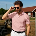 Men's pink short-sleeved polo shirt with tricolor striped collar detail and buttons - Pink