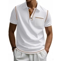 Men's white polo shirt with brown contrast stitching and button collar detail - S / Tops / White
