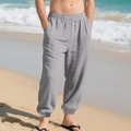 Men's grey casual linen beach trousers with drawstring waist and elastic ankles on the beach - S / Bottoms / Gray