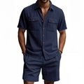 Herren Sommer Cord Hemd und Shorts Set in Marineblau, Kurzarm-Freizeitanzug - S / Oberteil Und Unterteil / Marineblau