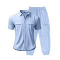 Conjunto de lino azul claro para hombre con camisa de manga corta y pantalón cargo - Azul claro
