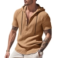 Men's casual khaki linen hooded shirt with short sleeves and a V-neck buttoned front - Brown