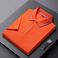 Herren Poloshirt in Orange, schnelltrocknend mit gestreiftem Kragen auf grau - S / Orange