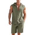 Herren Leinen-Set in Salbeigrün mit ärmellosem Kapuzenshirt und Tunnelzug-Shorts - S / Oberteil Und Unterteil / Armeegrün