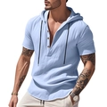 Men's light blue short sleeve hooded linen shirt with V-neck and wooden buttons - Light Blue