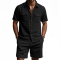 Herren Sommer Cord Set in Schwarz mit zwei Taschen und roten Knöpfen für Freizeit - S / Oberteil Und Unterteil / Schwarz