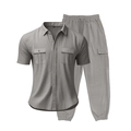 Detalle de conjunto de lino gris para hombre con bolsillos cargo y cintura elástica ajustable - Gris