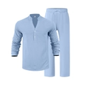 Front view of light blue linen-blend men's set featuring a long-sleeve henley and drawstring pants - Light Blue