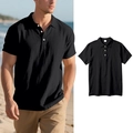 Men's casual black short sleeve polo shirt with textured linen fabric and button collar - S / Tops / Black