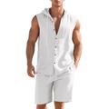 Men's summer linen-blend set in white with sleeveless hooded shirt and matching shorts - S / Top And Bottom / White