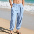 Men's casual linen jogger pants in light blue, drawstring waist beach style - Light Blue
