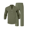 Detail view of olive green linen shirt and drawstring trousers with natural fabric texture - S / Top And Bottom / Army Green